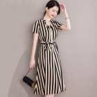 Summer V Neck Dress For Women French Style Fashion Striped A-line Skirt High Waist Pullover Mid-length Skirt Apricot white 2XL