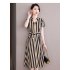 Summer V Neck Dress For Women French Style Fashion Striped A line Skirt High Waist Pullover Mid length Skirt Apricot white 2XL