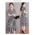 Summer V Neck Dress For Women French Style Fashion Striped A line Skirt High Waist Pullover Mid length Skirt Apricot white 2XL
