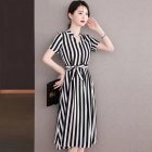 Summer V Neck Dress For Women French Style Fashion Striped A-line Skirt High Waist Pullover Mid-length Skirt black and white M