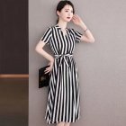 Summer V Neck Dress For Women French Style Fashion Striped A-line Skirt High Waist Pullover Mid-length Skirt black and white 3XL