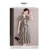Summer V Neck Dress For Women French Style Fashion Striped A line Skirt High Waist Pullover Mid length Skirt Apricot white L