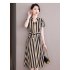 Summer V Neck Dress For Women French Style Fashion Striped A line Skirt High Waist Pullover Mid length Skirt Apricot white M