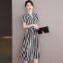 Summer V Neck Dress For Women French Style Fashion Striped A line Skirt High Waist Pullover Mid length Skirt Apricot white L
