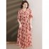 Summer V Neck Plus Size Dress For Women Short Sleeve Floral Printing Ruffled A line Skirt High Waist Midi Skirt Khaki 5XL