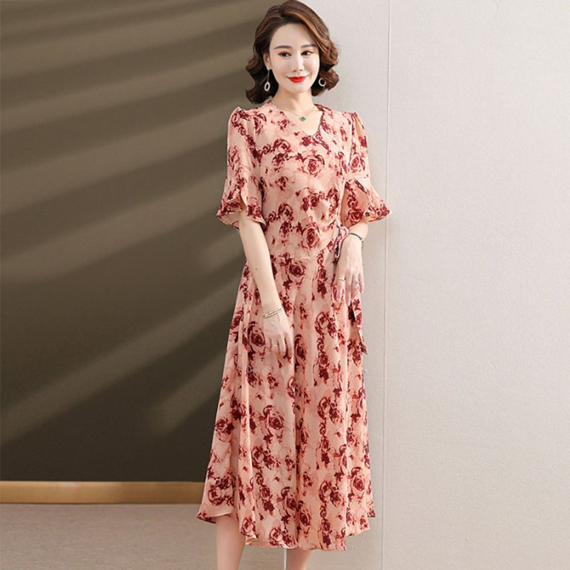 Summer V Neck Plus Size Dress For Women Short Sleeve Floral Printing Ruffled A-line Skirt High Waist Midi Skirt red 6XL