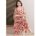 Summer V Neck Plus Size Dress For Women Short Sleeve Floral Printing Ruffled A line Skirt High Waist Midi Skirt red 6XL
