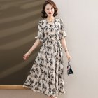 Summer V Neck Plus Size Dress For Women Short Sleeve Floral Printing Ruffled A-line Skirt High Waist Midi Skirt Khaki L