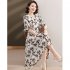 Summer V Neck Plus Size Dress For Women Short Sleeve Floral Printing Ruffled A line Skirt High Waist Midi Skirt Khaki 5XL