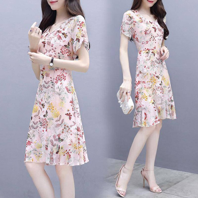 Summer Women Fashion Elegant Slim Flower Printing Short Sleeve Dress Photo Color_XXL
