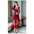 Summer Women Long Sleeves Dress Elegant Flower Printing Long Skirt Casual Round Neck Large Size Dress red XL