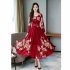 Summer Women Long Sleeves Dress Elegant Flower Printing Long Skirt Casual Round Neck Large Size Dress red 4XL