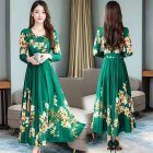 Summer Women Long Sleeves Dress Elegant Flower Printing Long Skirt Casual Round Neck Large Size Dress green 2XL