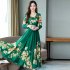 Summer Women Long Sleeves Dress Elegant Flower Printing Long Skirt Casual Round Neck Large Size Dress green 2XL