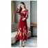 Summer Women Long Sleeves Dress Elegant Flower Printing Long Skirt Casual Round Neck Large Size Dress green 2XL