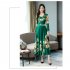 Summer Women Long Sleeves Dress Elegant Flower Printing Long Skirt Casual Round Neck Large Size Dress green 2XL