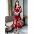 Summer Women Long Sleeves Dress Elegant Flower Printing Long Skirt Casual Round Neck Large Size Dress green 2XL