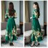 Summer Women Long Sleeves Dress Elegant Flower Printing Long Skirt Casual Round Neck Large Size Dress green 2XL