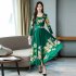 Summer Women Long Sleeves Dress Elegant Flower Printing Long Skirt Casual Round Neck Large Size Dress green 2XL