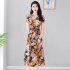 Summer Women Short Sleeves Dress Ice Silk V Neck Elegant Printing Dress Casual Large Size Slimming A line Skirt As shown 2XL