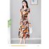 Summer Women Short Sleeves Dress Ice Silk V Neck Elegant Printing Dress Casual Large Size Slimming A line Skirt As shown 2XL