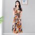 Summer Women Short Sleeves Dress Ice Silk V Neck Elegant Printing Dress Casual Large Size Slimming A line Skirt As shown 3XL