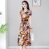 Summer Women Short Sleeves Dress Ice Silk V Neck Elegant Printing Dress Casual Large Size Slimming A line Skirt As shown 2XL