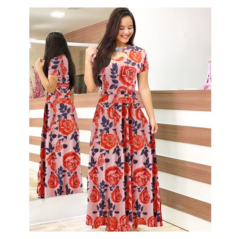 Summer Women Short Sleeves Dress Round Neck Hallow Out Digital Printing Large Swing Long Skirt Casual Large Size Dress W short sleeve 4XL