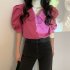 Summer Women Short Sleeves Shirt Trendy French Doll Collar Puff Sleeves Chiffon Blouse Solid Color Single breasted Tops purple pink M