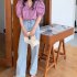 Summer Women Short Sleeves Shirt Trendy French Doll Collar Puff Sleeves Chiffon Blouse Solid Color Single breasted Tops purple pink M