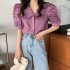 Summer Women Short Sleeves Shirt Trendy French Doll Collar Puff Sleeves Chiffon Blouse Solid Color Single breasted Tops purple pink M