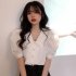 Summer Women Short Sleeves Shirt Trendy French Doll Collar Puff Sleeves Chiffon Blouse Solid Color Single breasted Tops purple pink M