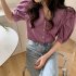 Summer Women Short Sleeves Shirt Trendy French Doll Collar Puff Sleeves Chiffon Blouse Solid Color Single breasted Tops purple pink M