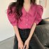 Summer Women Short Sleeves Shirt Trendy French Doll Collar Puff Sleeves Chiffon Blouse Solid Color Single breasted Tops purple pink M