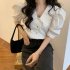 Summer Women Short Sleeves Shirt Trendy French Doll Collar Puff Sleeves Chiffon Blouse Solid Color Single breasted Tops purple pink M