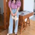 Summer Women Short Sleeves Shirt Trendy French Doll Collar Puff Sleeves Chiffon Blouse Solid Color Single breasted Tops purple pink M