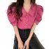 Summer Women Short Sleeves Shirt Trendy French Doll Collar Puff Sleeves Chiffon Blouse Solid Color Single breasted Tops purple pink M