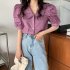 Summer Women Short Sleeves Shirt Trendy French Doll Collar Puff Sleeves Chiffon Blouse Solid Color Single breasted Tops purple pink M