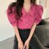 Summer Women Short Sleeves Shirt Trendy French Doll Collar Puff Sleeves Chiffon Blouse Solid Color Single breasted Tops purple pink M