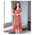 Summer Women Short Sleeves Dress Stylish Elegant Floral Printing A line Skirt Casual Large Size Lace up Dress As shown XL