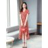 Summer Women Short Sleeves Dress Stylish Elegant Floral Printing A line Skirt Casual Large Size Lace up Dress As shown 2XL