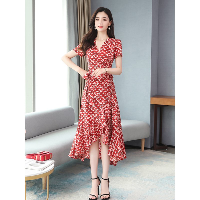 Summer Women Short Sleeves Dress Stylish Elegant Floral Printing A-line Skirt Casual Large Size Lace-up Dress As shown 2XL