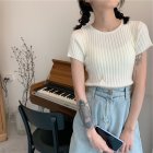 Summer Women Short Sleeves T-shirt Trendy Slim Fit High Waist Knitted Crop Top Round Neck Solid Color Blouse White One size