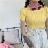 Summer Women Short Sleeves T shirt Trendy Slim Fit High Waist Knitted Crop Top Round Neck Solid Color Blouse White One size