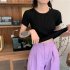 Summer Women Short Sleeves T shirt Trendy Slim Fit High Waist Knitted Crop Top Round Neck Solid Color Blouse White One size