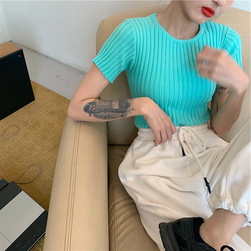 Summer Women Short Sleeves T-shirt Trendy Slim Fit High Waist Knitted Crop Top Round Neck Solid Color Blouse water blue One size