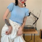 Summer Women Short Sleeves T-shirt Trendy Slim Fit High Waist Knitted Crop Top Round Neck Solid Color Blouse light blue One size