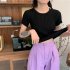 Summer Women Short Sleeves T shirt Trendy Slim Fit High Waist Knitted Crop Top Round Neck Solid Color Blouse water blue One size