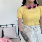 Summer Women Short Sleeves T-shirt Trendy Slim Fit High Waist Knitted Crop Top Round Neck Solid Color Blouse light yellow One size