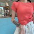 Summer Women Short Sleeves T shirt Trendy Slim Fit High Waist Knitted Crop Top Round Neck Solid Color Blouse water blue One size